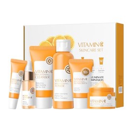 Vitamin C Cuidado de La Piel Protector Solar Set 6 Piezas Limpiador, Tnico, Serum, Crema para Ojos, Crema Facial y Protector Solar para Piel Radiante 