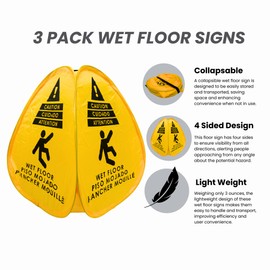 Ohio Creations 3 Pack Caution Wet Floor Pop-Up Signs - Yellow, Bilingual (English/Spanish/French) - Foldable, Portable, Durable Restaurant Commercial Safety Cones for Spills, 16 inches