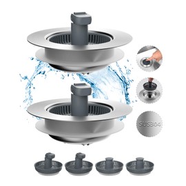 Hibbent 2 Pack 3 in 1 Kitchen Sink Drain Strainer and Stopper Combo, Stainless Steel Metal Pop Up Sink Stopper with Foldable Handle, 6 Anti-Clogging Baskets, Fit for US Standard 3-1/2 Inch Drain