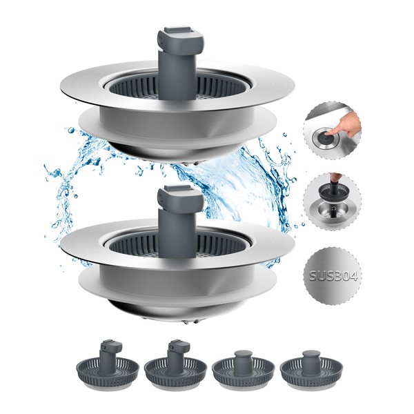 Hibbent 2 Pack 3 in 1 Kitchen Sink Drain Strainer