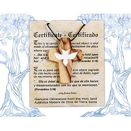 Wooden Cross Necklace, Christian gift, White Dove - Faith Cross Pendant for the church and home Car Rearview Mirror Pendant, Olive wood from Bethlehem, Certificate of Origin, size 2.7" x 1.8"