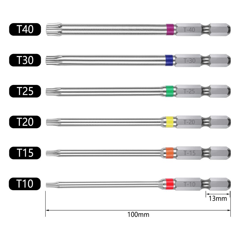 OIENNI Torx Screw Bit Set, 6-Piece, 100mm, Single-Ended Torx, Hex