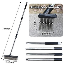Heavy Duty Wire Push Broom Brush, 15.7" Stainless Steel Bristle Deck Brush with Long Handle for Removing Weeds, Outdoor Broom for Rough Surface Dirt