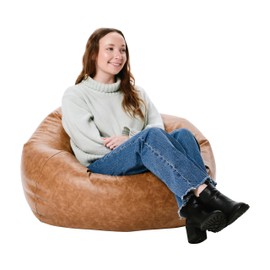 Factory Direct Partners 35" Rustic Western Bean Bag Chair; Distressed Faux Leather, Low to Ground for Reading, Playing Video Games and Relaxing; Flex Seating for Home and School - Pecan, 10478-321