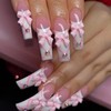 French Tip Press on Nails with Pink Bow Rhinestones Designs
