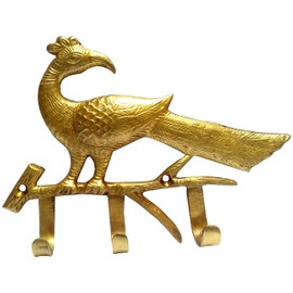 Purpledip Brass Wall Hooks 'Proud Peacock': Vintage Design Decorative Hanger (11822)