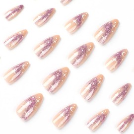 RikView Almond Press on Nails Medium Fake Nails Pink French Tip Nails Glossy Stick on Nails 24 PCs/Set