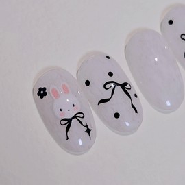 Mono Rabbit Handmade Nail Tips Knit Gel Ribbon Dot Nails - Almond Short / 모노래빗 수제네일팁 니트젤 리본 도트네일 - 아몬드숏