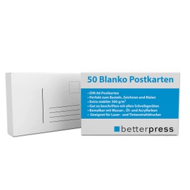 Betterpress Pack of 50 DIN A6 blank postcards for self-design, postcard made of white cardboard, postcards for printing, painting, crafts, drawing, printing yourself