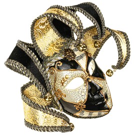 ILOVEMASKS Jester Joker Venetian Masquerade Carnival Mardi Gras Full Face Mask with Bells (M2 White Black)