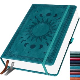 HwxBen Bullet Dotted Journal, Polka Dot Notebook, 256 Pages, 135gsm Ink-proof Paper, PU Hard Cover, Elastic Band, Inner Pocket, for Work, Office and School, 14.5 x 21 cm (Lake Green)