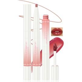 HOSAILY Hydrating Glossy Lip Stain with Lip Liner Combo Set, Double Ended Moisturizing Lip Tint Long Lasting High Shine Plumping Lip Gloss for Women, Waterproof Rose Pink Liquid Lipstick Makeup Kit#01
