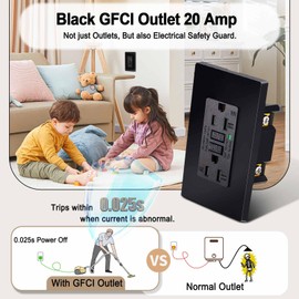 Black GFCI Outlet 20 Amp,NineLeaf 2Pack Gfi Electrical Outlet 20 Amp Black,Weather Resistant Ground Fault Circuit Interrupters,Screwless Wall Plate Included, Indoor/Outdoor,Residential Grade,ETL List