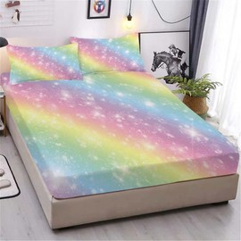 URLINENS Rainbow Fitted Sheet and Pillowcase Set Tie Dye Pastel Glitter Bed Sheet for Kids Girls Teens, Soft Microfiber Fun Girly Rainbow Bedding Decor 3 Piece Queen Rainbow Sheet Set