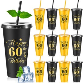 Uiifan 12 Pcs 30th 40th 50th 60th Birthday Cups Cheers to 40 50 60 70 Years Black Gold Plastic Tumbler with Lid and Straw 24oz for Birthday Decorations Party Favors Men Women Supplies(60th)