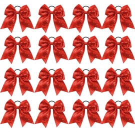 16 PCS Large Glitter Red Cheer Hair Bows, Shiny Cheerleading Bows Ponytail Holder for Cheerleader Girls Softball Sports and Christmas Tree Decor (Red)