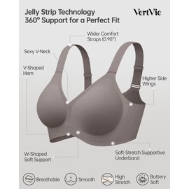 Vertvie Women's Seamless Bra Wireless Push Up Support Bra Comfort Full Coverage Bra V Neck Sleep T-Shirt Everyday Bralettes (Grey,Large)