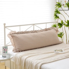 K MASANIJI Taupe White Plaid Body Pillow Cover with Ruffles 20x54 inches, 100% Cotton Rustic French Country Vintage Fall Pillow Shams for Bed/Sofa (20x54 inches, Taupe/White Plaid)