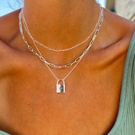 ASCOMY Layered Necklaces for Women Dainty Silver Necklaces 14K Silver Plated Pendant Necklaces Figaro Chain Choker Paperclip Necklace Lock Charm Silver Layered Necklaces Set Simple Necklaces for Women