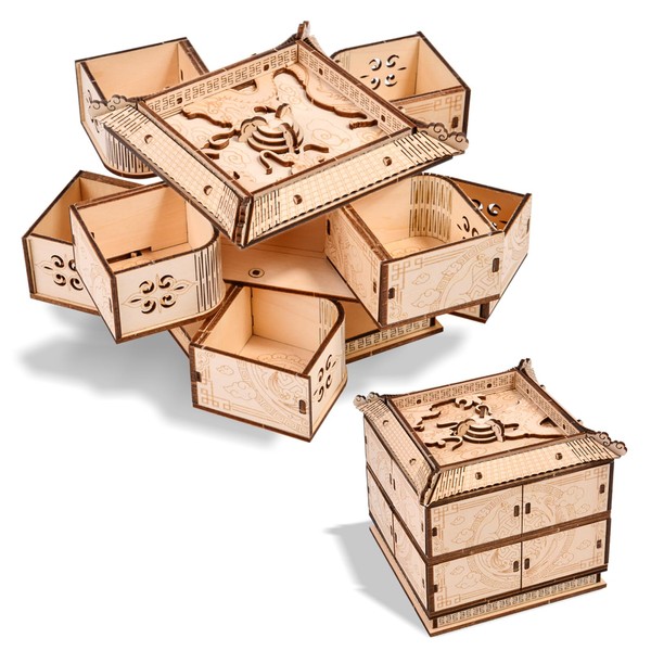 3D Wooden Puzzle Mechanical Treasure Box of Dragon, DIY Model
