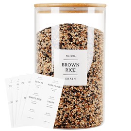 HHMJSM 1 Gallon Large Glass Food Storage Containers With Airtight Bamboo Lid - Kitchen Glass Storage Jars Canister With 42 Pantry Labels - Thicken Big Clear Rice Containers For Your Pantry