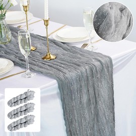 3 Piezas Camino de Mesa de Gasa Plateado Gris Primavera Estilo Bohemio Rústico 120 pulgadas 10 pies Brillante Tela de Queso para Boda Fiesta Baby Shower Cumpleaños Decoración del Hogar