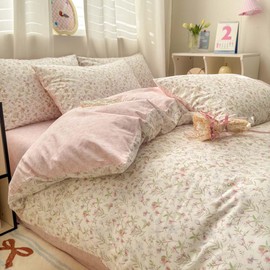 Nyescasa Bed Linen 135 x 200 cm Cotton Pink White Flowers Girls Aesthetic Cotton Bed Linen Renforce Oeko-Tex Reversible Bed Linen with Zip and 1 Pillowcase 80 x 80 cm