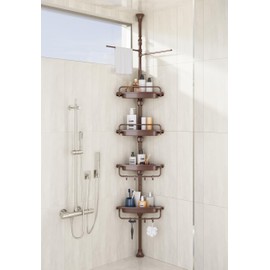 32-122inch Corner Shower Caddy Tension Pole Brown, Rustproof Drill-Free Shower Shelves for Bathroom Bathtub Washbasin, Adjustable Shower Organizer with 4 Tier Patent Stable Shelves & Towel Bars