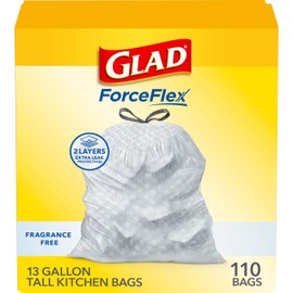Glad ForceFlex Drawstring Trash Bags, 13 Gal, Fragrance Free, 110 Ct, Pack May Vary | Glad
