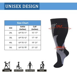 Cheeroyal - 6 pares de calcetines de compresión de talla grande para hombres y mujeres, 20-30 mmhg, para correr, viajes, profesores, adultos mayores (2XL, negro), Negro, XX-Large