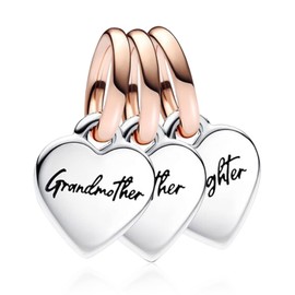 Rimgoris 925 Sterling Silver Charm for Women Bracelets Necklace Family Grandparents and Granddaughter Heart 3 piece set Birthday Mother's Day Gift Charms for Women