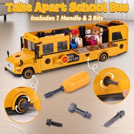 Crelloci Take Apart School Bus Toy for Kids, Large DIY Assembly Vehicle with Tools, Lights & Sounds, Inertia Powered, Openable Doors, Includes 2 Student Figures – Gift for Toddlers Ages 3+