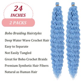Light Blue Boho Hair for Braiding Deep Water Wave Crochet Hair Blue Ocean Wave Curly Wavy Braiding Hair Pre Stretched 24 Inch 2 Packs Boho Curls Synthetic Bohemian Crochet Braids