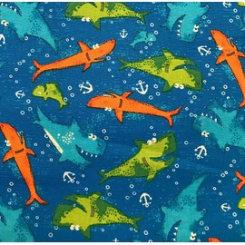 Happy Sharks Cotton Cartoon Printed Fabric - Children's Quilting 100% Cotton, 110 cm Wide, Ideal for Crafts, Sewing & Quilting (1 Metre)