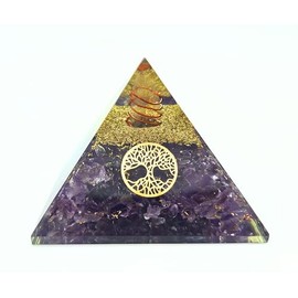 Orgonite Pyramid with Real Gemstones Energy Harmonisation with Healing Stones Copper Spiral Tree of Life Energy Protection Happiness Harmony (Ametyst (Purple), 6 x 6 cm)