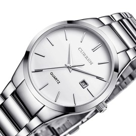 CURREN Reloj de Pulsera para Hombre, Análogo, Diseño Elegante, Formal, Moderno, con Calendario, de Acero Inoxidable, Tamaño Ajustable y Broche de Mariposa (Plata)