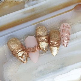 3D Gold Lettering Handmade Nail Tips - Long Round Square / 3D골드레터링 수제네일팁 - 롱라운드스퀘어