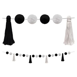 Pom Pom Garland for Classroom Boho, 74.8 Inch 16 Felt Ball Bulletin Board Garland, Colorful Yarn Tassel Banner Garland, Hanging String Decorations for Party Desk Nursery Wall Decor (Black & White)