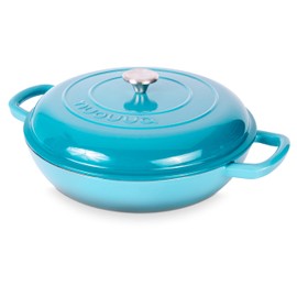 Shallow Cast Iron Casserole with Lid – Non Stick Dutch Oven Pot, Oven Safe up to 500° F – Sturdy Ovenproof Stockpot Cookware – Enamelled Cooking Pot – Blue, 5-Quart, 32cm – by Nuovva