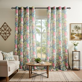 Kotile Palm Linen Curtains 84 Inches Long 2 Panels W52 x L84 Inch, Tropical Leaves Printed Botanical Curtains for Living Room, Grommet Privacy Light Filtering Vintage Summer Flower Semi-Sheer Curtain