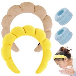 Spa Headband for Washing Face, Makeup Headband, Bubble Skincare Headbands with Face Wash Wristbands, Terry Cloth Headband Soft Puffy Headbands for Women Gifts (Light brown+Yellow)