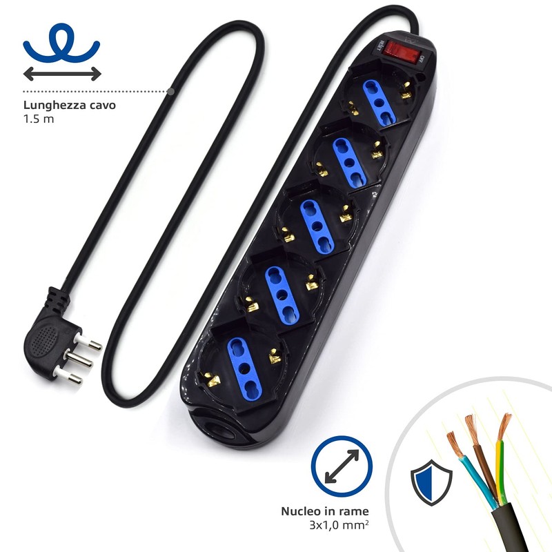 Ewent EW3915 Power Strip 5 Sockets Italian 10/16A + Schuko,