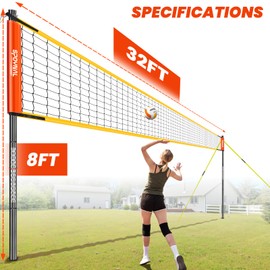 32FT Portable Volleyball Net System for Backyard - Adjustable Height Beach & Grass Court Sand-Resistant Outdoor Training Set with Pro-Grade Volleyball, Pump, Boundary Lines & Carry Bag(Bright Orange)
