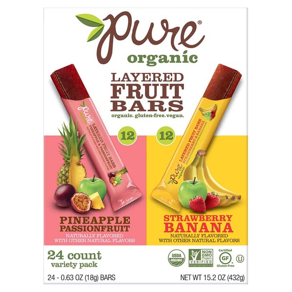Pure Organic Barras de frutas en capas (Pineapple, Passionfruit y plátano), 24 unidades