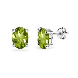 Sterling Silver Peridot Oval-Cut Solitaire Stud Earrings for Women, Metal, Peridot