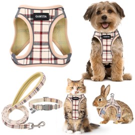 GAMUDA Small Dog Harness Collar and Leash Set, Step in No Chock No Pull Soft Mesh Adjustable Dog Vest Harnesses Plaid Reflective for Dogs Puppy Cats Kitten Rabbit (Beige, M)
