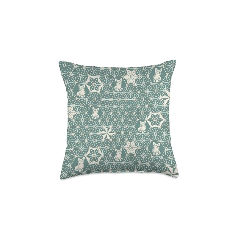 Corgi Cute Traditional Japanese Kimono Pattern Mint Green Throw Pillow