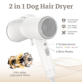 Dog Hair Dryer, Professional 2-in-1 Pet Hair Dryer & Grooming Brush with Removable Comb, Adjustable Temperature/Speed, Portable Dryer for Dogs and Cats