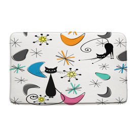 Sunhe Mid Century Atomic Cat Bath Mat Blue Gray Orange Modern Abstract Geometric Black Cat Retro 50S Memory Foam Home Office Door Bathroom Decor Mat,17.8"x29.5"