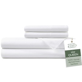 Hotel Sheets Direct 4 Piece Bed Sheet Set Queen Size, 100% Viscose Derived from Bamboo Sheets Set with 2 Pillowcases, Cooling & Breathable Luxury Bedding, Moisture-Wicking & Silky Soft Texture, White